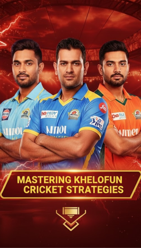 Poster for Khelofun cricket strategy featuring expert players and a themed strategic gameplay.