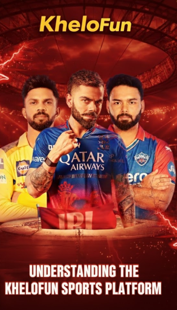 Promotional KheloFun sports platform poster with professional cricketers in stadium background.