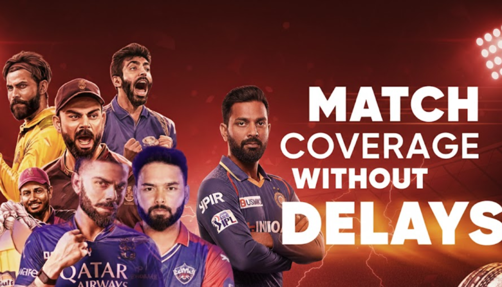 Cricket players showed with a banner emphasizing rapid and delayed match coverage on Khelofun.