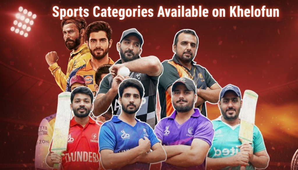 Available on Khelofun are sports classes including cricket, football, tennis, and basketball with professional players highlighted.
