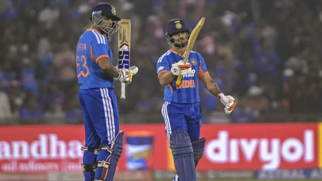 Ishan Kishan playing an attacking shot during India’s dominant win over Namibia.