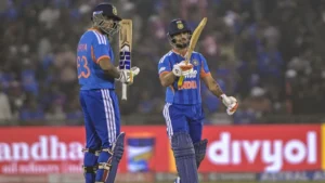 Ishan Kishan playing an attacking shot during India’s dominant win over Namibia.