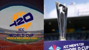 T20 World Cup 2026 qualification scenarios cover image showing the tournament trophy, international cricket players in action, and packed stadiums across South Asia and island venues, highlighting group stage battles, points, net run rate, and must-win matches.