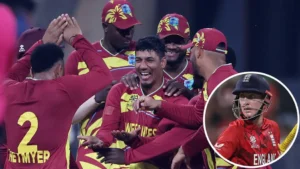 Sherfane Rutherford batting during his unbeaten 76 against England while Gudakesh Motie celebrates a wicket in the same match.