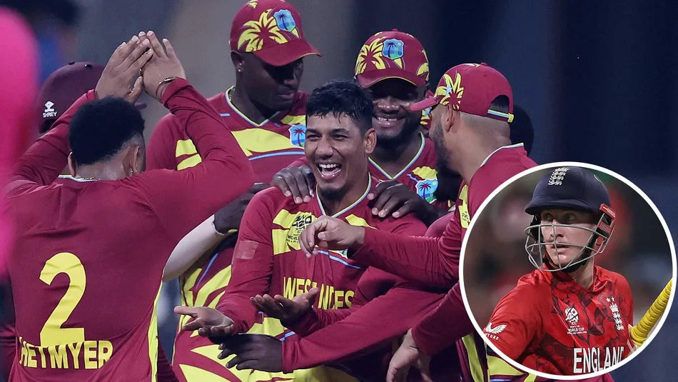 Sherfane Rutherford batting during his unbeaten 76 against England while Gudakesh Motie celebrates a wicket in the same match.