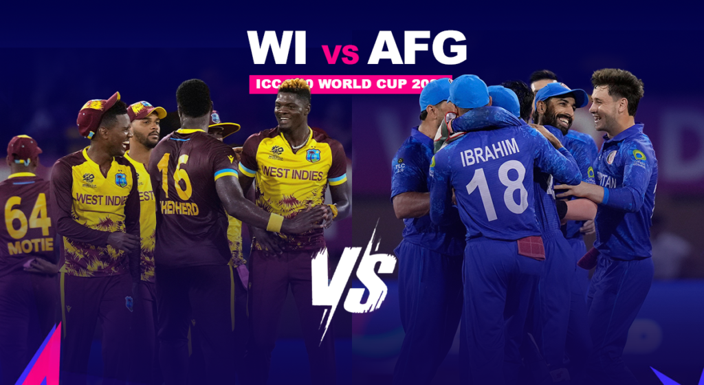 Combined Best XI of Afghanistan and West Indies players for the T20 World Cup match, featuring star batters, all-rounders, and bowlers from both teams.
