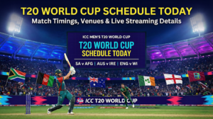 T20 World Cup schedule today featuring match timings for South Africa vs Afghanistan, Australia vs Ireland, and England vs West Indies in a packed cricket stadium