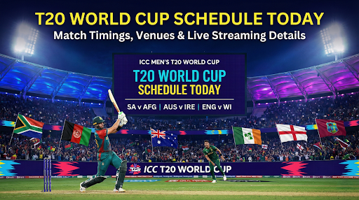 T20 World Cup schedule today featuring match timings for South Africa vs Afghanistan, Australia vs Ireland, and England vs West Indies in a packed cricket stadium