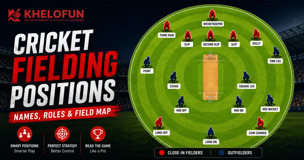 cricket fielding positions names, roles, field map image in red and brand color.