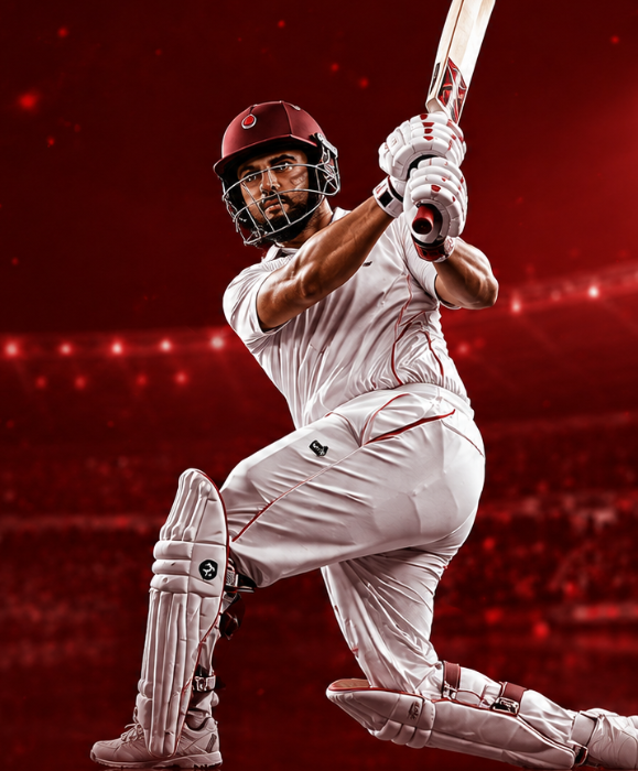 khelofun banner image red and white color in stadium playing cricketer